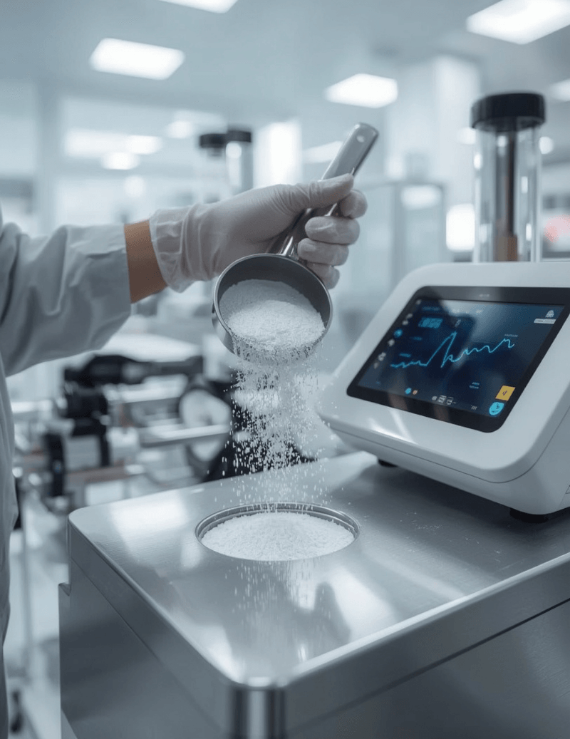 A lab technician's gloved hand pours white bentonite powder into a digital analysis machine for a quality control test in a sterile laboratory. Made with AI