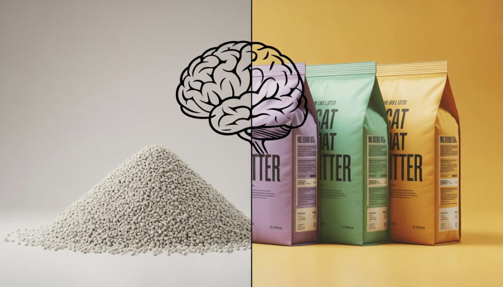 árbol diferente bolsa de arena para gatos con diferentes colores en el lado derecho, en el otro lado un poco de arena para gatos bentonita. en el centro de la imagen hay un gran icono de cerebro.