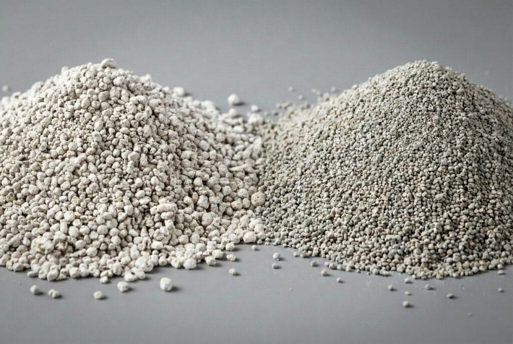 Arena para gatos de bentonita blanca y gris a derecha e izquierda. Estructura de grano de tamaño medio.