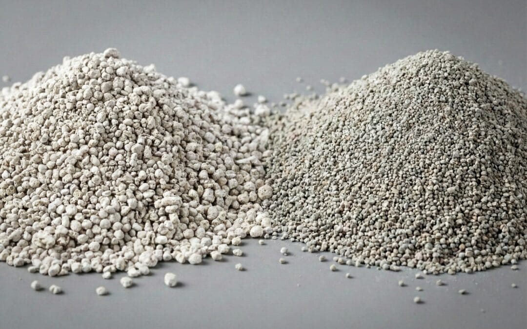 Arena para gatos de bentonita blanca y gris a derecha e izquierda. Estructura de grano de tamaño medio.