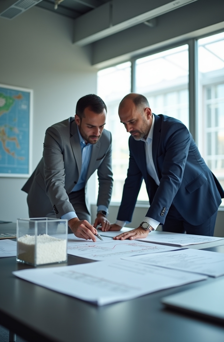 iki erkek masadaki kağıtlara bakıyor masada ayrıca beyaz ordu bentoniti var