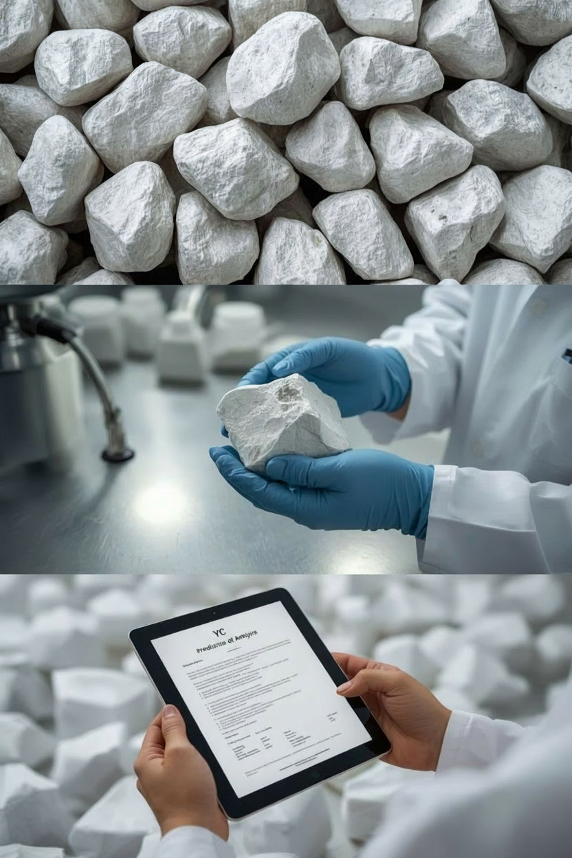 bentonit laboratuvarını anlatan 3'e bölümmüş bir imaj, ilk kare ham bentonit, 2. kara bir barça ham bentonit bir laborant elinde son karede bentonitin analiz sonuçlarını inceleyen bir laborant raporu padden okuyor, ekranda YC bentonit logosu da var.