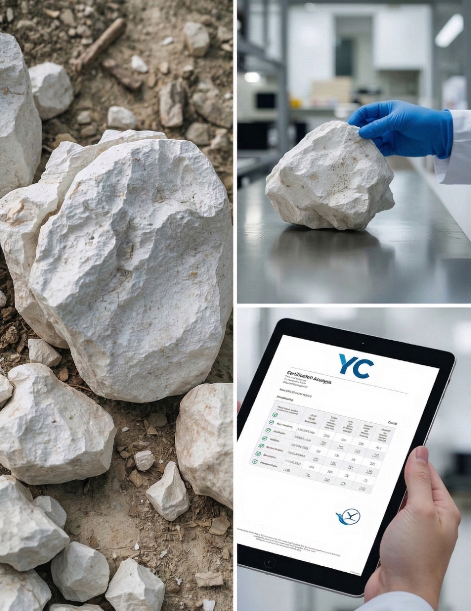 ham bentonit örneği, bentonit analiz raporu ve bir laboratuvar görüntüsünün üçlü kolajı. Made with Ai