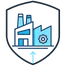 Icon of a shield containing a modern industrial building, symbolizing corporate and trustworthy industrial operations. Made with AI